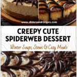 Creamy Halloween Spiderweb Cheesecake Dip topped with chocolate spiderweb design for spooky cheesecake lovers.